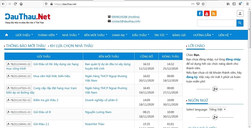 Giao diện chính của trang DauThau.Net