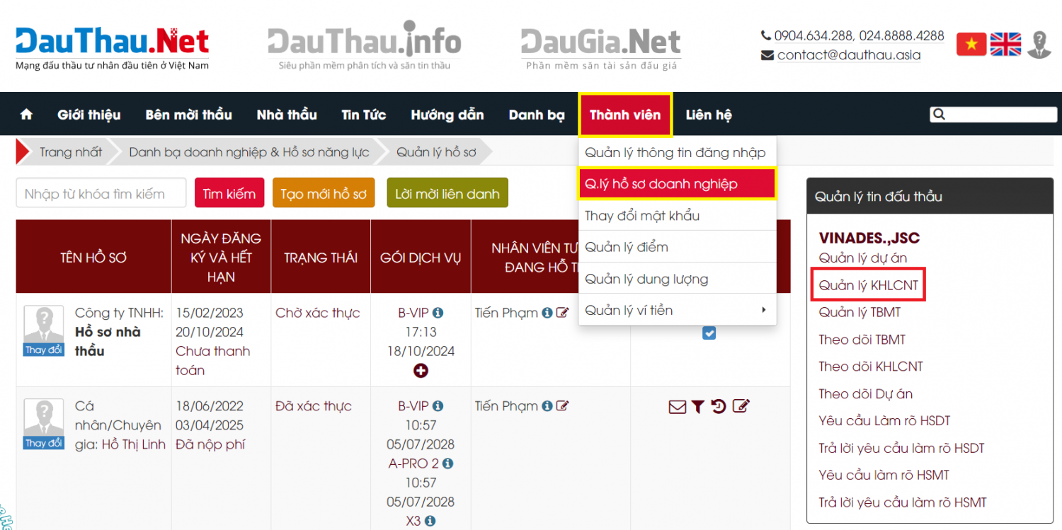 vào menu thành viên và chọn quản lý KHLCNT