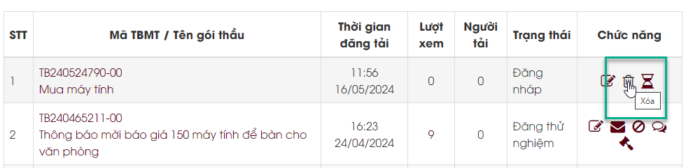 xóa thông báo mời thầu