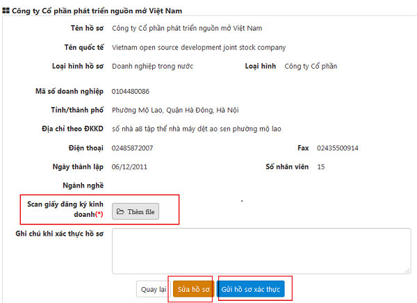 xác thực hồ sơ doanh nghiệp