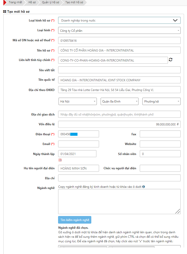 Tạo mới hồ sơ doanh nghiệp trên DauThau.Net