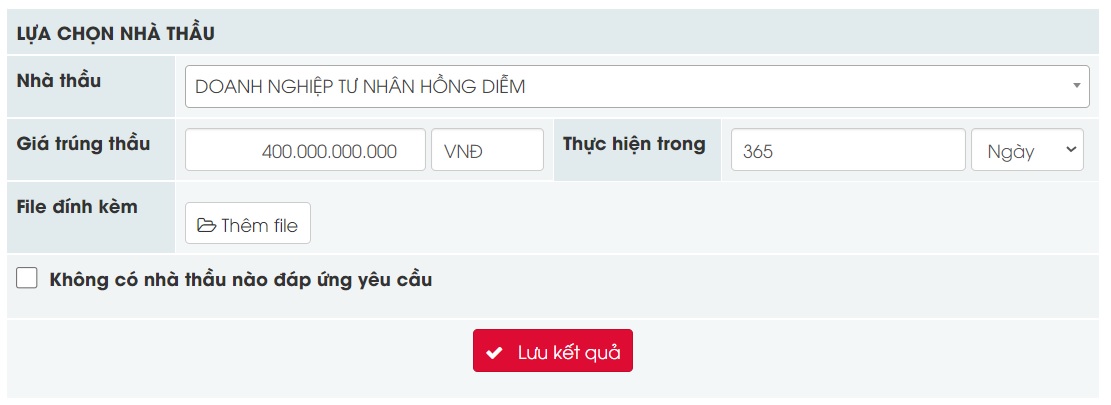 Hình 2 Nhập các thông tin cần thiết vào form kết quả mở thầu