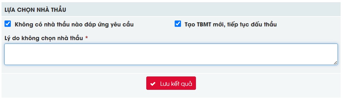 Hình 4 Chọn muốn tiếp tục thông báo mời thầu thì chỉ cần tích chọn Tạo TBMT mới, tiếp tục đấu thầu