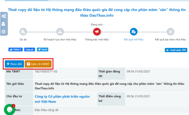 Tính năng theo dõi thông báo mời thầu, tải file và yêu cầu làm rõ hồ sơ mời thầu