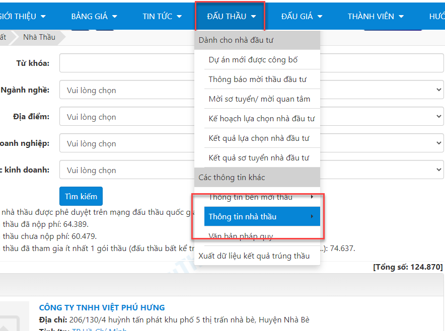 tìm kiếm thông tin nhà cung cấp trên dauthau info