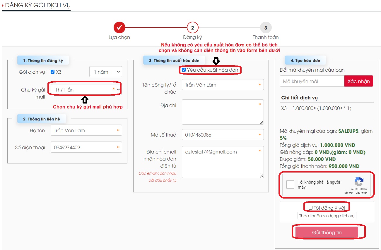 điền thông tin cần thiết rồi gửi yêu cầu đăng ký gói dịch vụ 5