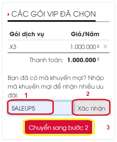 nhập mã khuyến mại cho gói VIP đăng ký 4