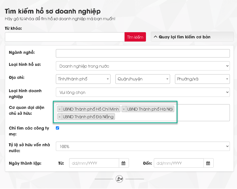 tìm kiếm theo nhiều cơ quan đại diện chủ sở hữu