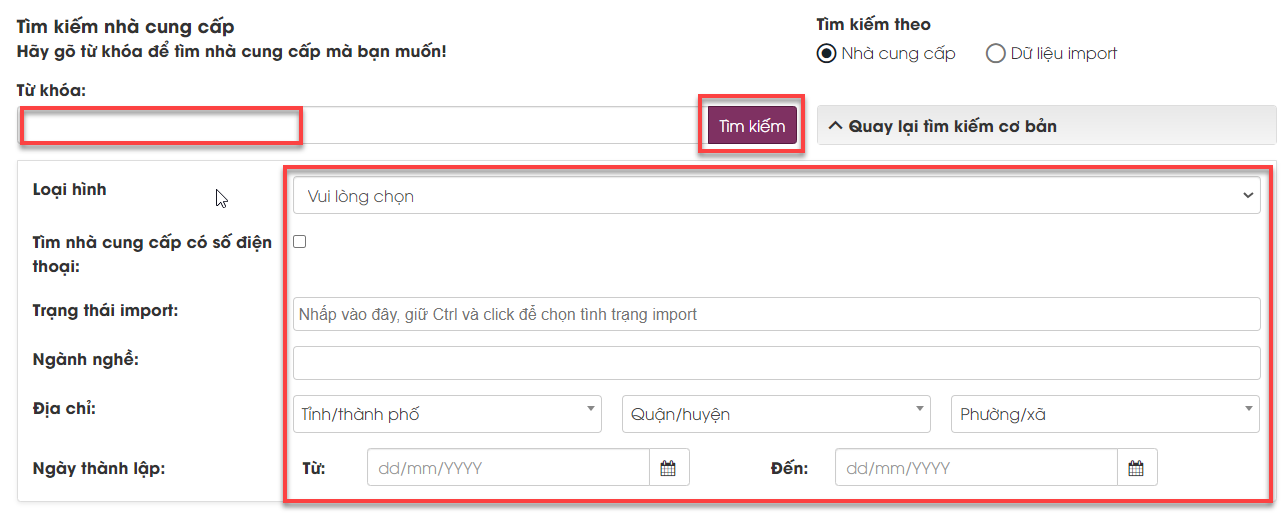 Hình 13 Nhập thông tin vào các trường dữ liệu trong form tìm kiếm