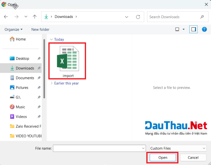 Hình 5 Chọn file import và nhấn Open để tải file lên hệ thống