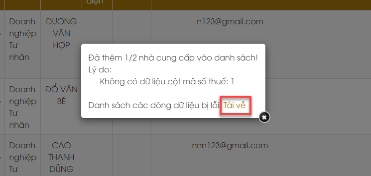 Hình 6 Hệ thống hiển thị popup thông báo số lượng nhà cung cấp được thêm thành công và không thành công, kèm theo lý do và file dữ liệu báo lỗi