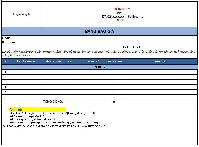 mẫu báo giá cạnh tranh đẹp
