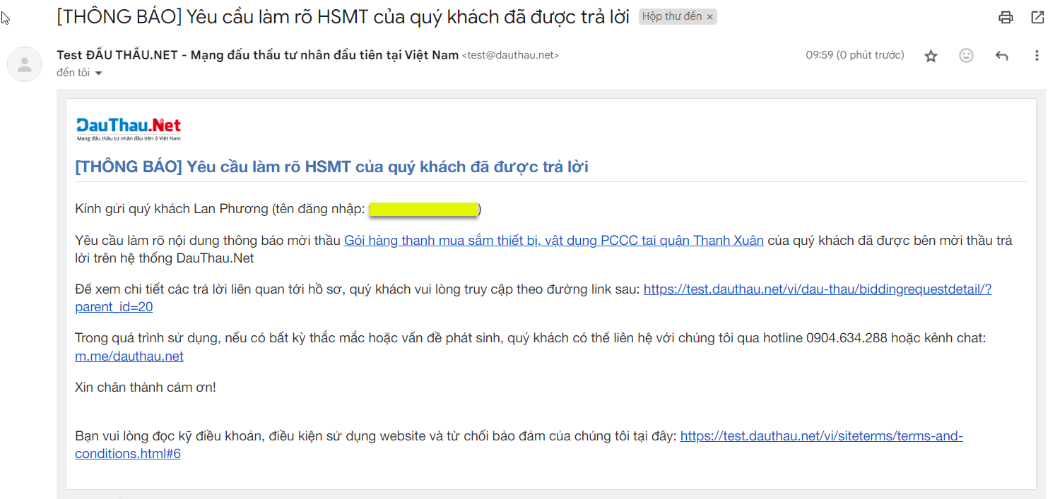 Hình 6 Email thông báo yêu cầu làm rõ HSMT của bạn đã được trả lời