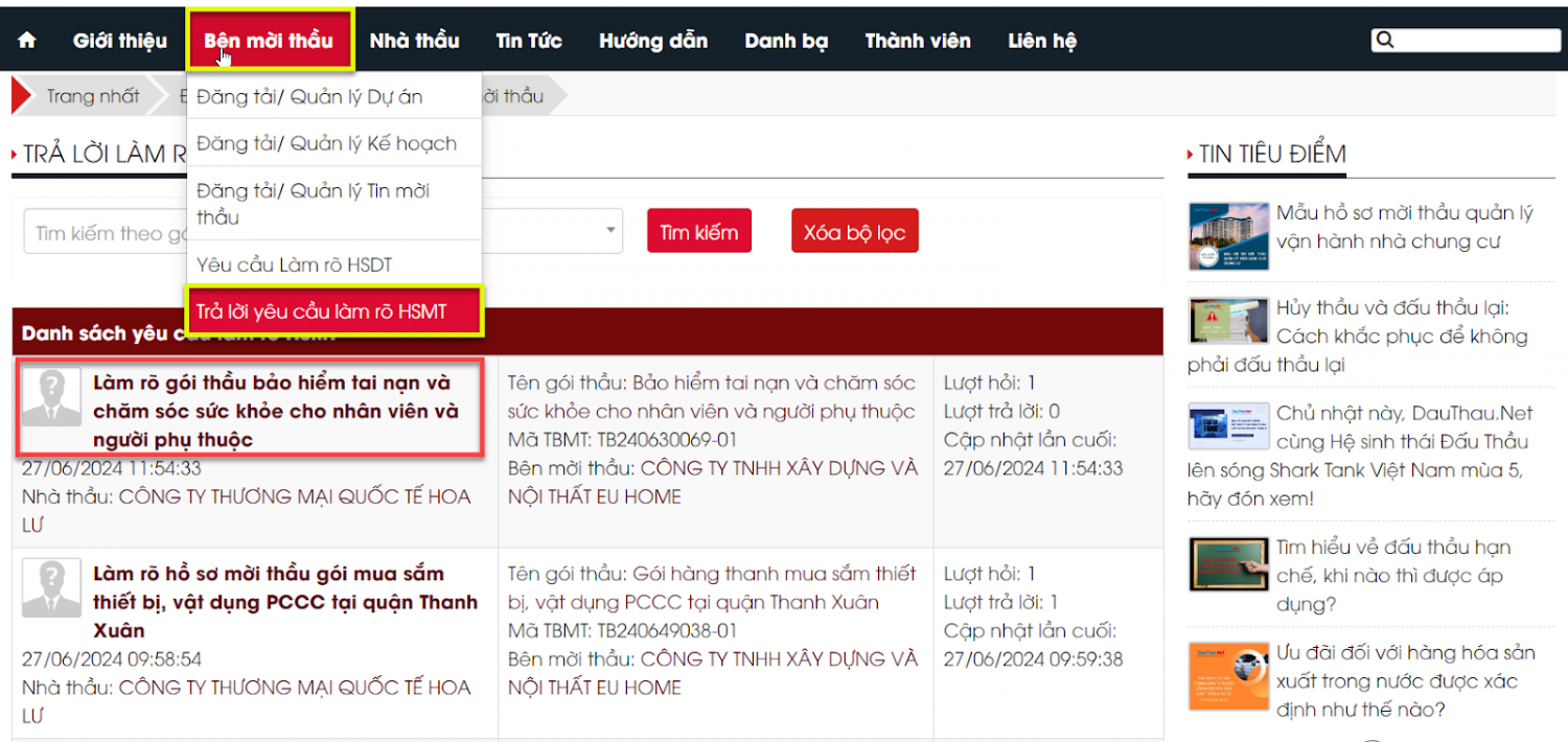 Hình 7 Truy cập vào menu Bên mời thầu để Trả lời yêu cầu làm rõ HSMT từ phía các nhà thầu