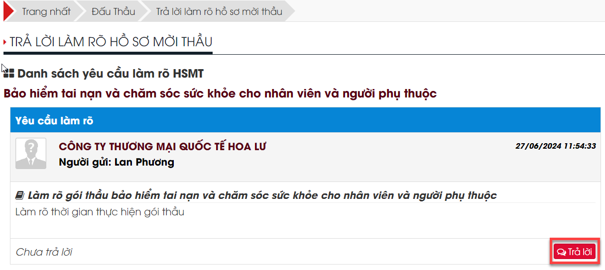 Hình 8 Nhấn nút Trả lời để trả lời yêu cầu làm rõ HSMT từ phía nhà thầu