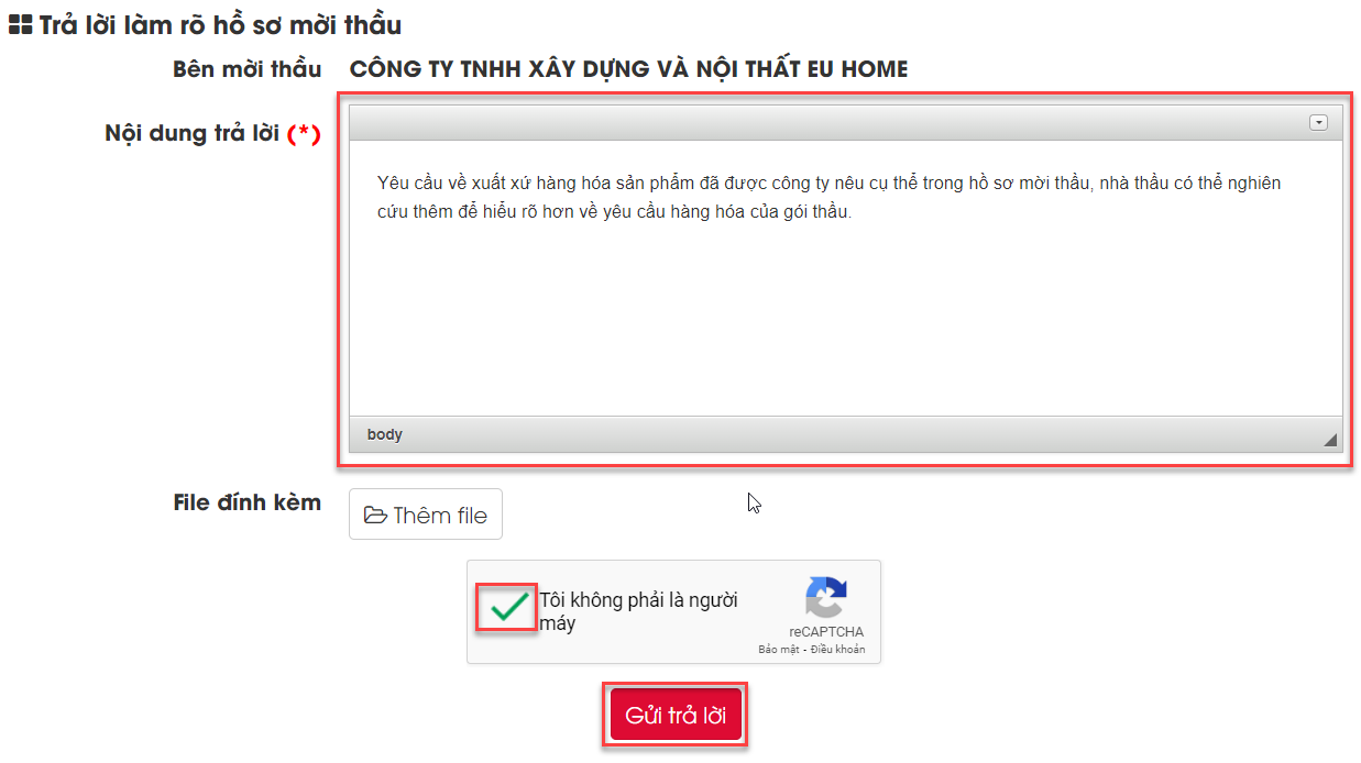Hình 9 Nhập câu trả lời vào form Trả lời làm rõ hồ sơ mời thầu