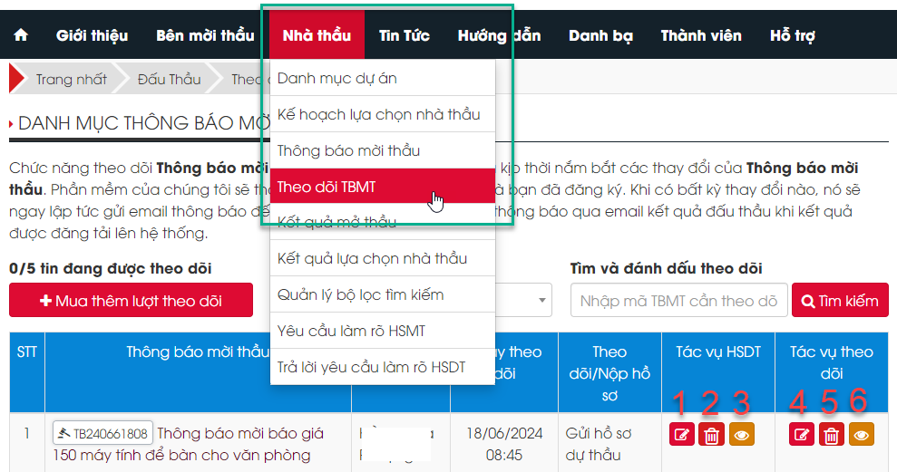 Xem lịch sử nộp hồ sơ dự thầu