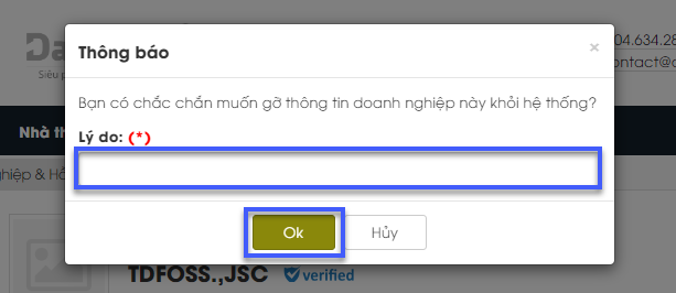 Hình 4 Nhập lý do muốn gỡ thông tin doanh nghiệp khỏi hệ thống