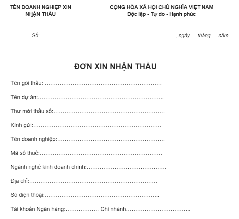 Mẫu đơn nhận thầu thi công