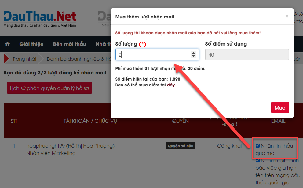 Mua thêm lượt nhận mail