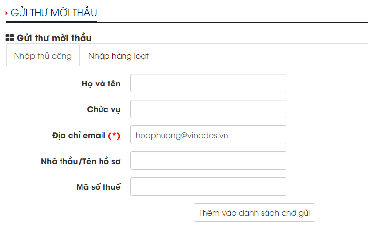 Nhập email cần gửi thư mời thầu