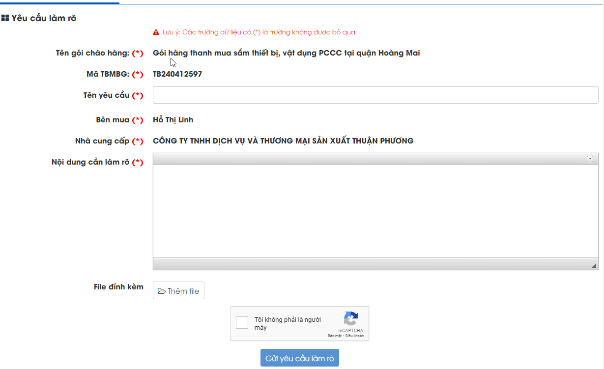 Hình 10 Form yêu cầu Làm rõ hồ sơ chào giá