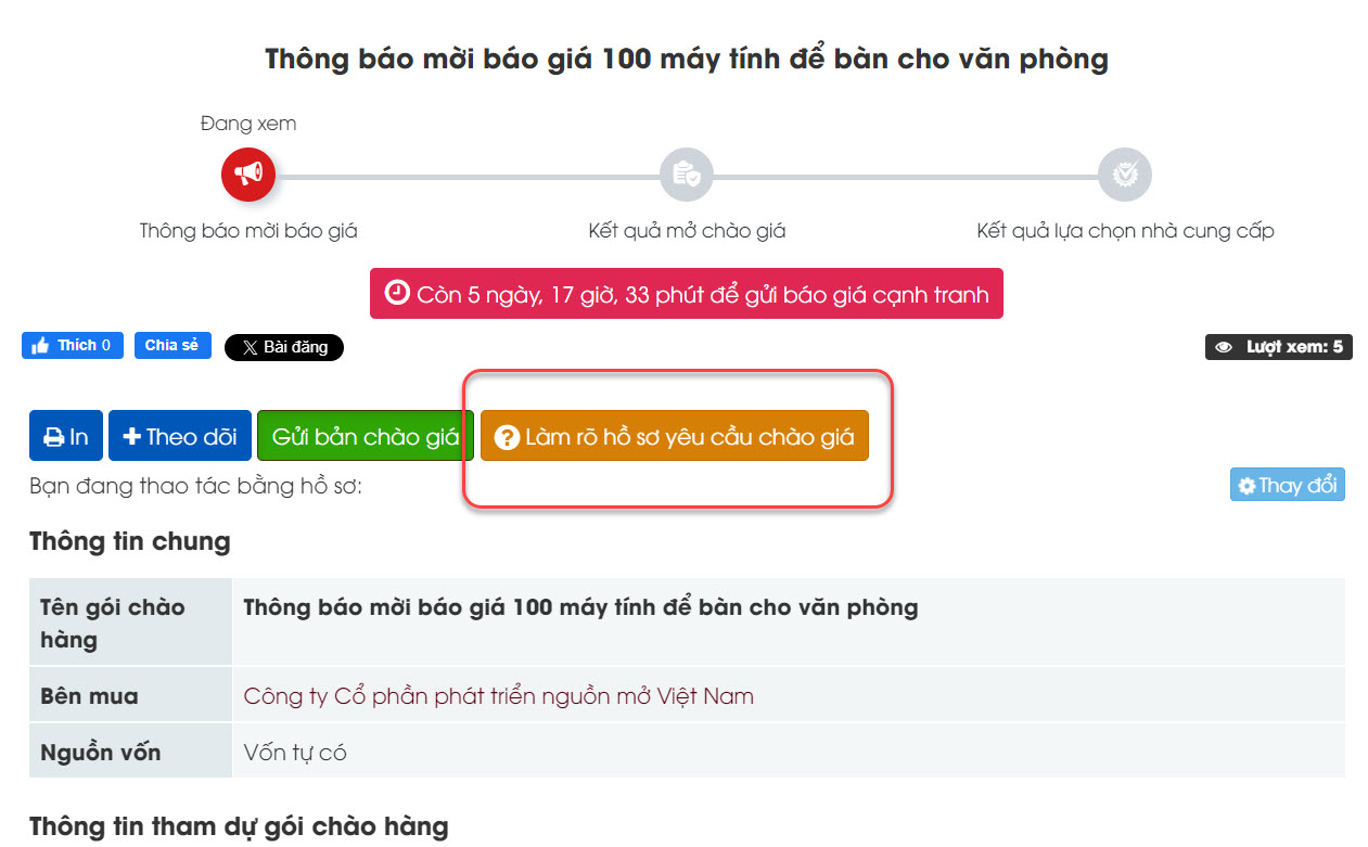 nút làm rõ hồ sơ yêu cầu chào giá