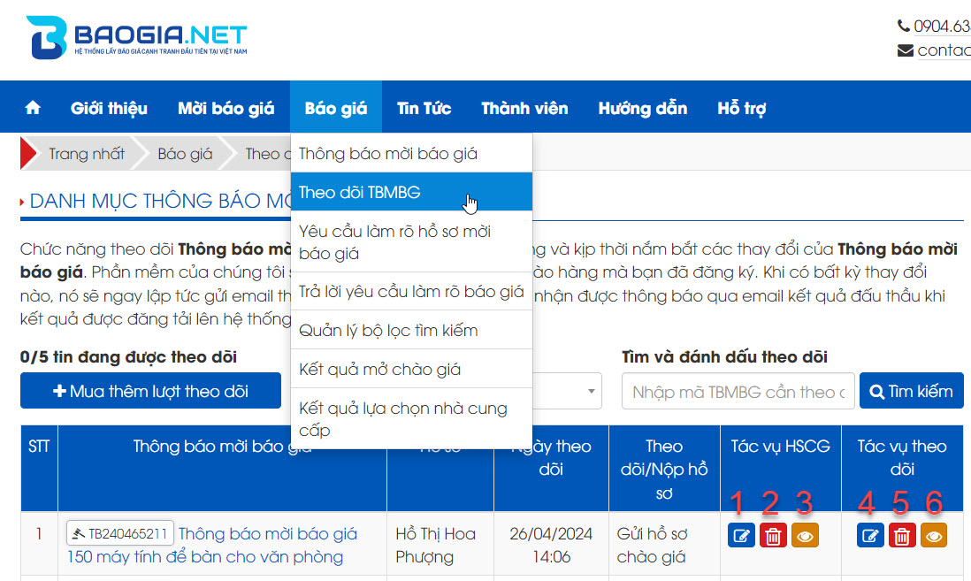 theo dõi thông báo mời báo giá