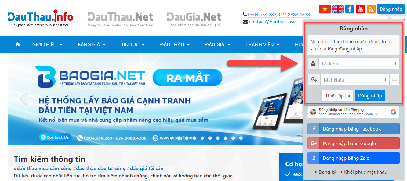 đăng nhập từ dauthau info