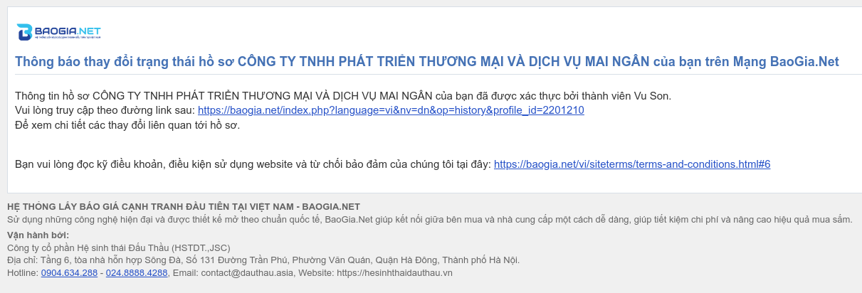 Hình 3 Email thông báo xác thực hồ sơ doanh nghiệp thành công