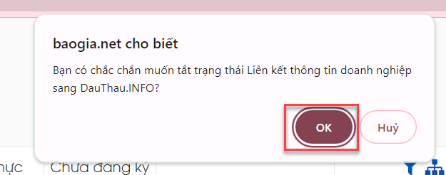 Hình 4 Nhấn Ok để Tắt liên kết thông tin doanh nghiệp sang DauThau info