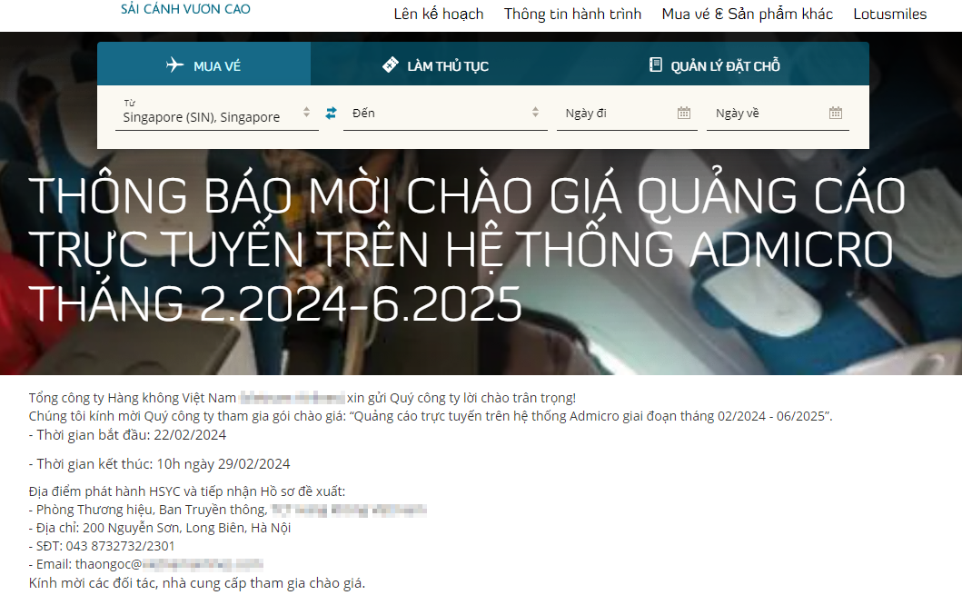 thông báo mời chào giá trên website