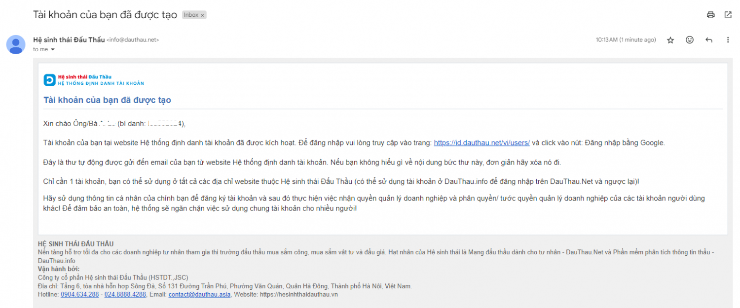 thông báo tài khoản đã được tạo qua email